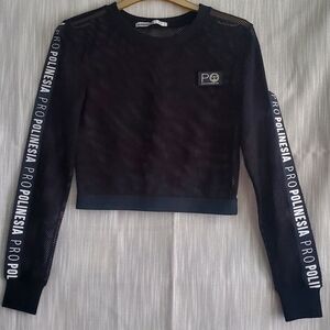 Rare Find! POLINESIA Branded Black Mesh Crop Top White Long Sleeve Whimsigoth